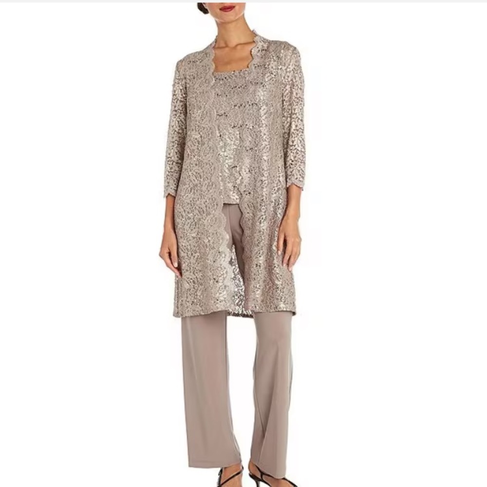 Champagne Scalloped Glitter Lace Duster Stretch 3-Piece Pant Set